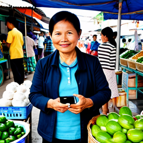A middle-aged Vietnamese female market vendor, fully clothed in a modest, traditional áo bà ba, stands proudly amidst her vibrant fresh produce stall in a bustling local market in Vietnam. She holds a smartphone displaying a clear QR code for cashless payment, demonstrating the integration of digital economy into daily life. The scene is well-lit with natural light, capturing the lively atmosphere and authentic spirit.
    *   safe for work, appropriate content, fully clothed, modest clothing, perfect anatomy, correct proportions, natural pose, well-formed hands, proper finger count, natural body proportions, professional photography, high quality, family-friendly.