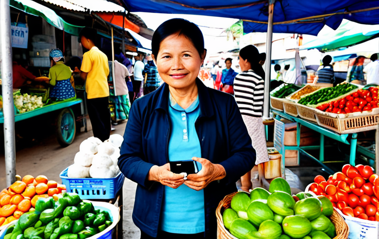 A middle-aged Vietnamese female market vendor, fully clothed in a modest, traditional áo bà ba, stands proudly amidst her vibrant fresh produce stall in a bustling local market in Vietnam. She holds a smartphone displaying a clear QR code for cashless payment, demonstrating the integration of digital economy into daily life. The scene is well-lit with natural light, capturing the lively atmosphere and authentic spirit.
    *   safe for work, appropriate content, fully clothed, modest clothing, perfect anatomy, correct proportions, natural pose, well-formed hands, proper finger count, natural body proportions, professional photography, high quality, family-friendly.