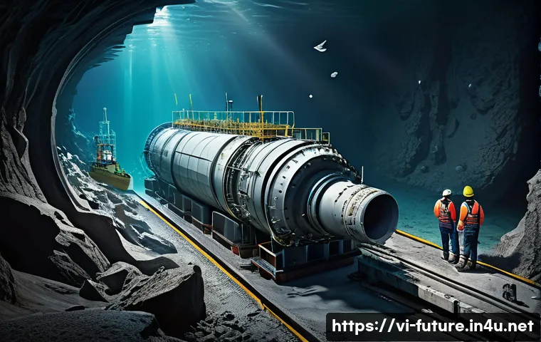 해저 터널과 대륙 연결망 - A detailed cross-sectional view of a modern underwater tunnel construction site beneath the ocean fl...