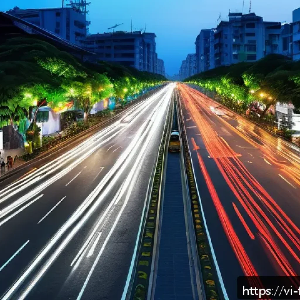 자율주행차와 도로 환경 - A bustling Vietnamese city street scene at dusk featuring smart traffic lights with sensors adjustin...