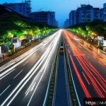 Home 18 자율주행차와 도로 환경 - A bustling Vietnamese city street scene at dusk featuring smart traffic lights with sensors adjustin...