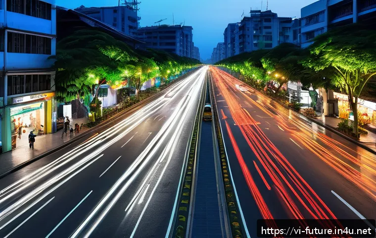 자율주행차와 도로 환경 - A bustling Vietnamese city street scene at dusk featuring smart traffic lights with sensors adjustin...