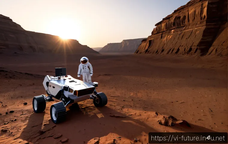 Home 13 우주 탐사와 외계 생명체 탐색 - Photorealistic deep-space exploration scene, a sleek unbranded robotic rover examining layered rust-...